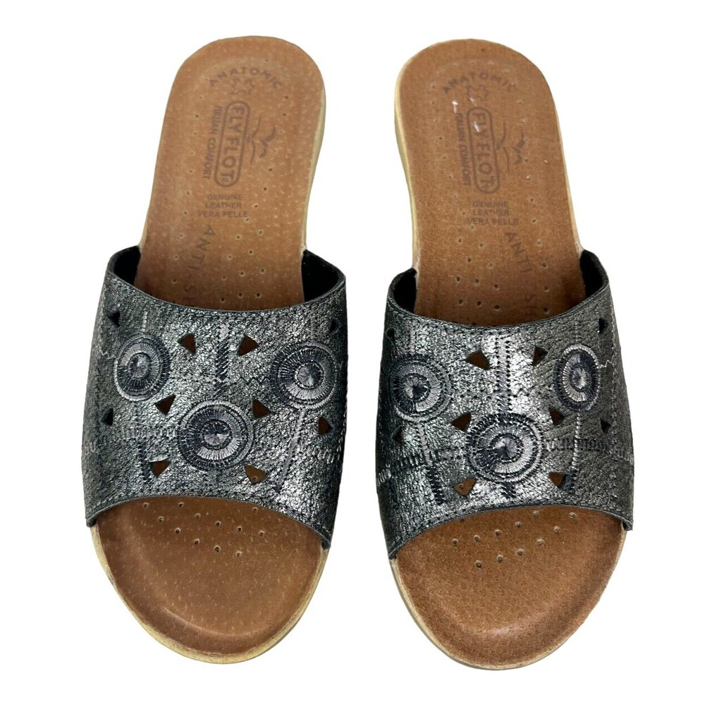 Fly Flot Anatomic Italian Comfort Wedge Slide Sandal Size EUR 37 / US 7 Pewter